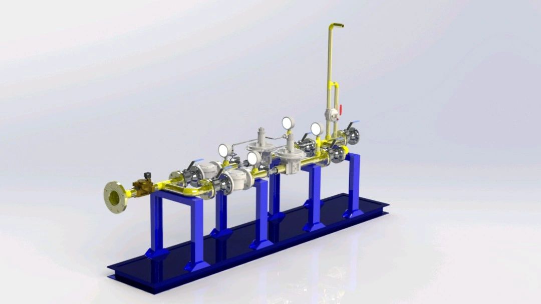 3D render of the industrial natural gas train skid — isolation valves, gas filter, dual pressure regulators, slam shut valve, pressure gauges, and vent stack mounted on a structural skid base