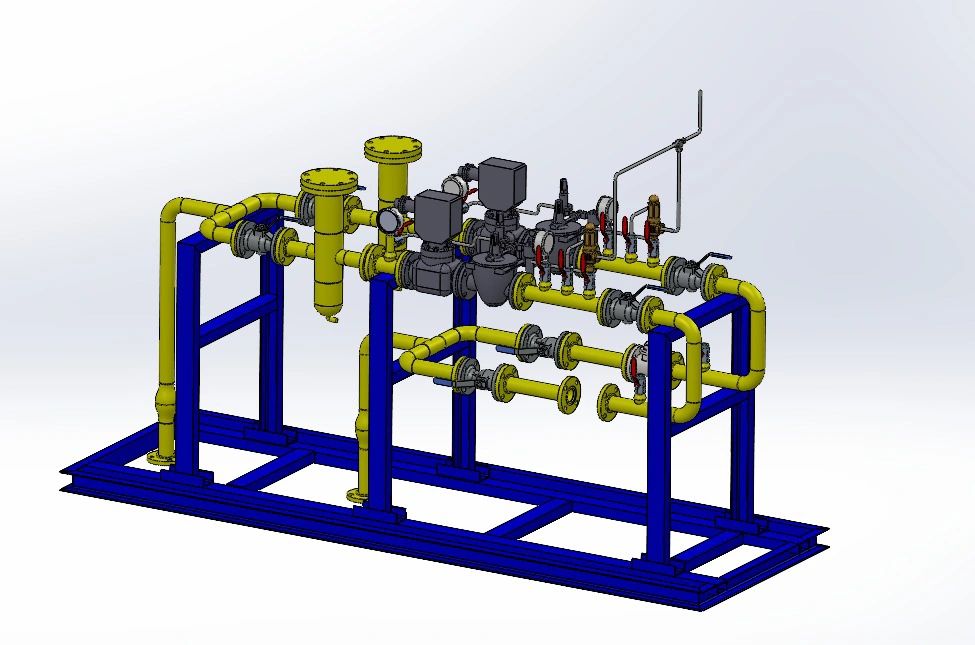 3D render of the CNG Metering and Regulating Station skid, showing the filter, meter, regulators, and safety instrumentation mounted on a structural frame