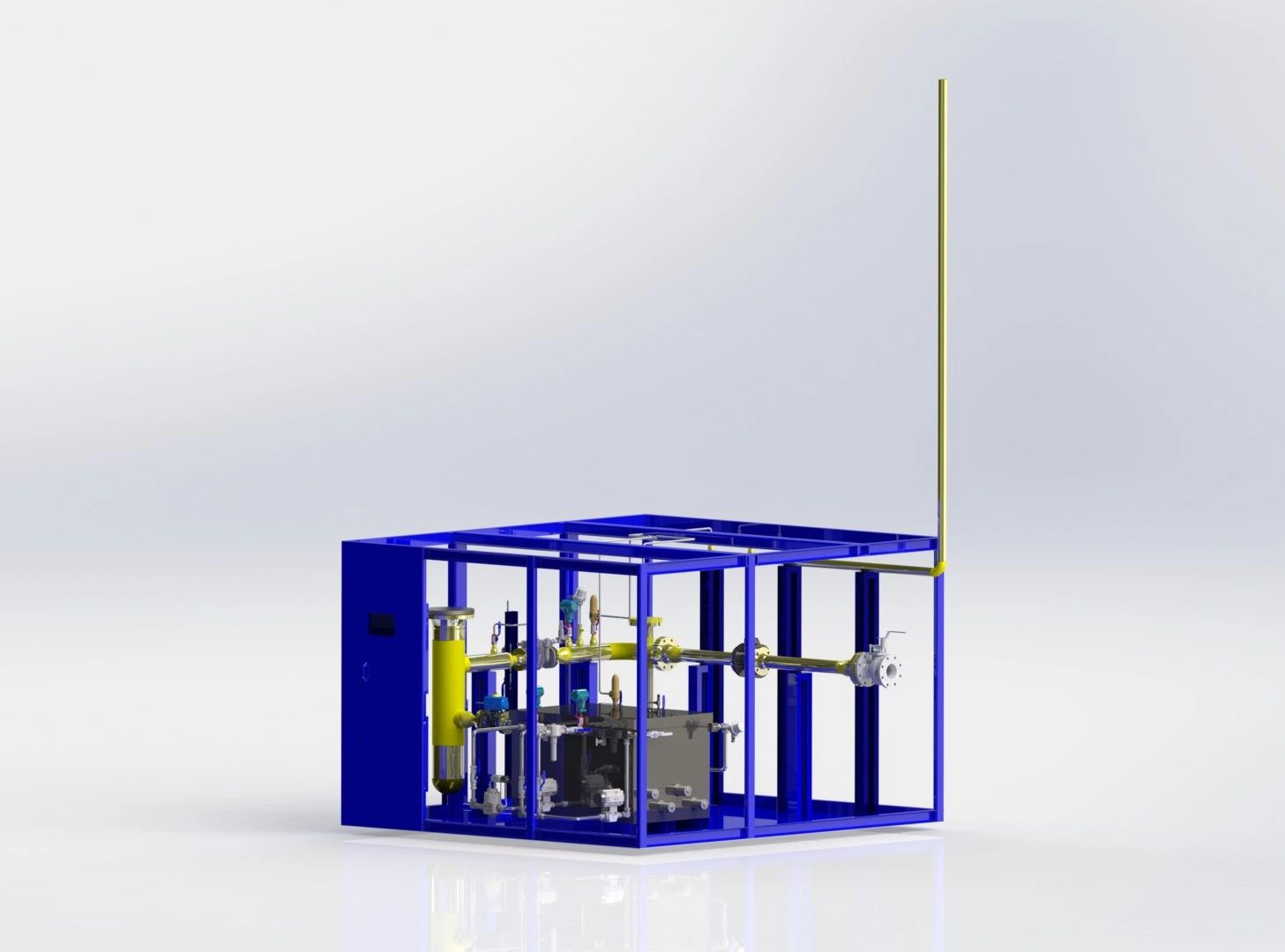 3D render of the 1500 Sm3/h Pressure Regulating System skid, enclosed in a steel frame with regulators, filtration, instrumentation, and a vent stack