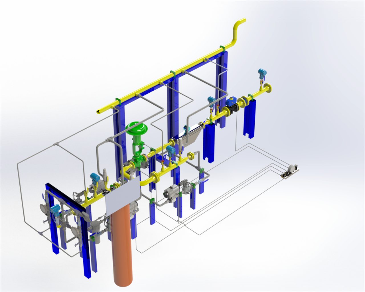 3D model of the hydrogen Pressure Regulating System skid — control valve, filter, pressure transmitters, safety relief, and isolation valves on yellow process piping and blue structural supports inside the 4-meter enclosure frame